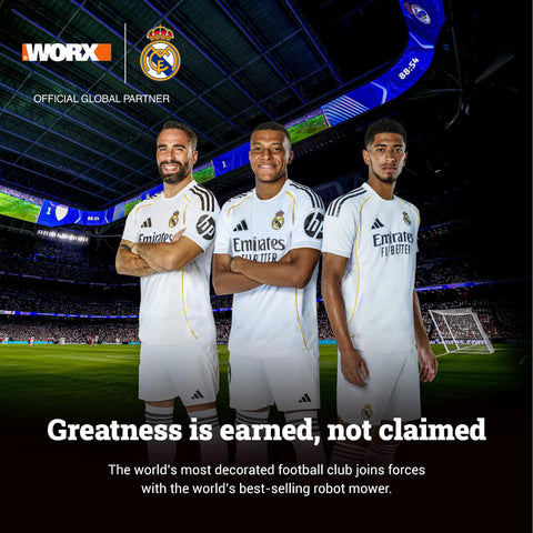 WORX and Real Madrid partnership image with players wearing white jerseys in stadium during a match.