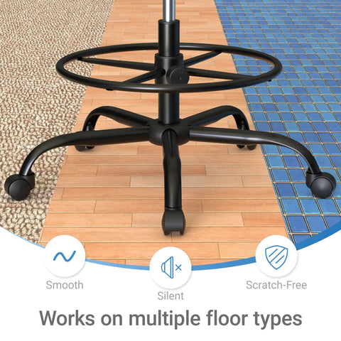 Base of Big And Tall 400 Pound Capacity Heavy Duty Drafting Chair with adjustable footrest on various floor types