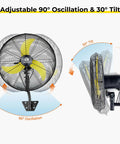30 Inch Brushless DC Industrial Oscillating Wall Mount Fan With Remote Control Whisper Quiet Operation For Factory Garage Warehouse Gym Delivers Big Air And Forty To Eighty Percent Energy Savings showing 90° oscillation and 30° tilt