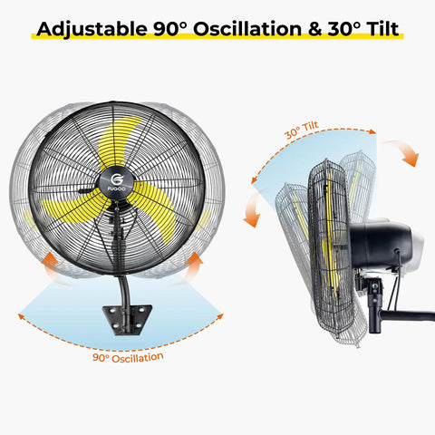 30 Inch Brushless DC Industrial Oscillating Wall Mount Fan With Remote Control Whisper Quiet Operation For Factory Garage Warehouse Gym Delivers Big Air And Forty To Eighty Percent Energy Savings showing 90° oscillation and 30° tilt