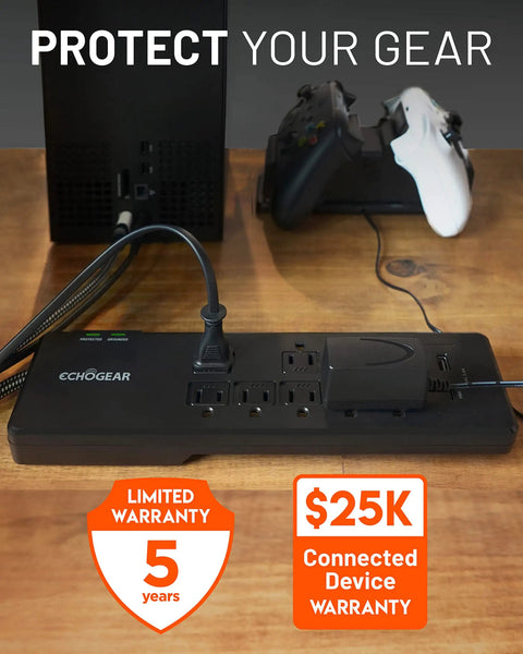 PowerBlitz Surge Protector Power Strip With USB A And USB C Ports, 8 Outlets, 2160 Joules, gaming console setup