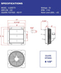 Technical specifications diagram for Shutter Exhaust Fan 7 Inch Automatic Wall Mount Vent with dimensions and airflow details.