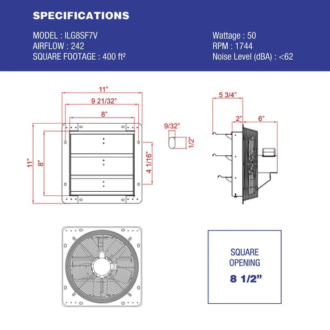 Technical specifications diagram for Shutter Exhaust Fan 7 Inch Automatic Wall Mount Vent with dimensions and airflow details.
