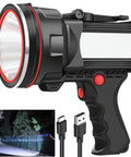 Rechargeable Spotlight Flashlight With COB Light And Foldable Stand For Boating Camping Hunting And Fishing, shown with USB-C cable