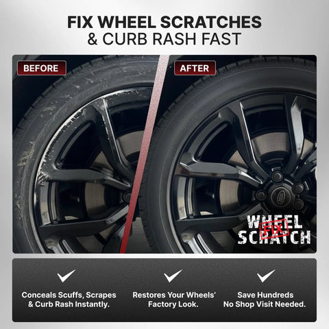 Before and after using DIY Pro-Grade Wheel Rim Touch Up Paint Kit - Matte And Gloss Black Pens For Curb Rash Scratches And Chips Fast-Drying Long-Lasting OEM Finish 2-Pack For Aluminum And Steel Wheels At Home, showing restored finish on wheel rim.