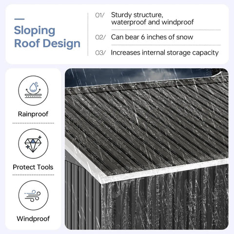 Beefy 6x4 Ft Outdoor Storage Shed showing sloped roof design with rainproof and windproof features, galvanized steel material
