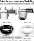 Image demonstrating how to select LampShade Ring sizes using calipers, showing various measurements for compatibility.