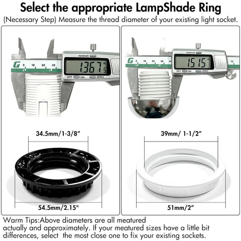 Image demonstrating how to select LampShade Ring sizes using calipers, showing various measurements for compatibility.