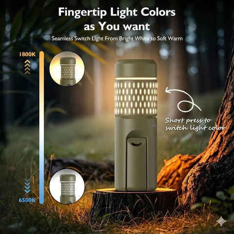 Rechargeable 12000mAh Collapsible Camping Lantern With Beastly Battery Life showcasing adjustable light colors on a tree stump