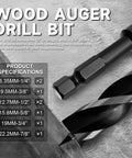 Side view of 8-piece wood auger drill bit set, 12 in length, quick-change 1/4 in hex shank, tri-flute 3-cutter