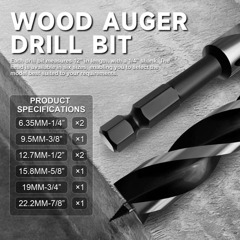 Side view of 8-piece wood auger drill bit set, 12 in length, quick-change 1/4 in hex shank, tri-flute 3-cutter