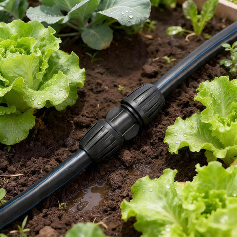 Installed Half Inch Drip Irrigation Barbed Locking Coupler Set Ten Pieces No Leak Straight Fittings For One Half Inch Tubing in garden