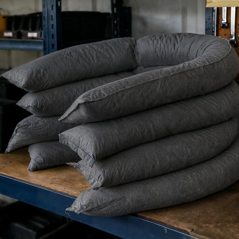 Heavy Duty Universal Absorbent Socks 12 Plus Pack Spill Containment Tubes stacked on a workbench, gray industrial-grade design.