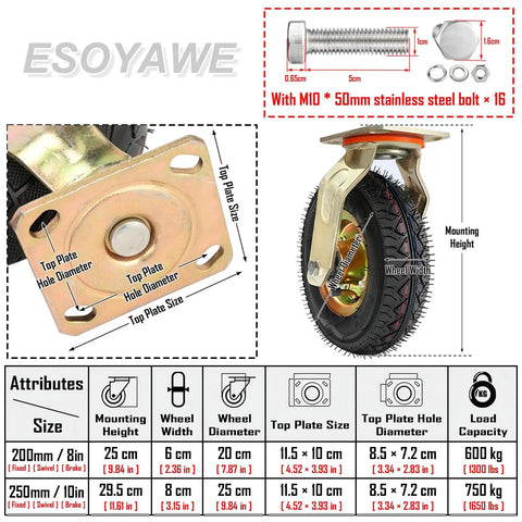 Heavy Duty 8 Inch Pneumatic Caster Wheels 4 Pack Air Filled Rubber Tires Shock Absorbing Swivel And Locking Casters For Industrial Carts Warehouse And Shop Tool Storage Floor Friendly Breezy Ride