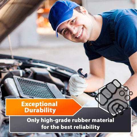 Mechanic working on car engine with focus on durability and high-grade rubber material for reliability