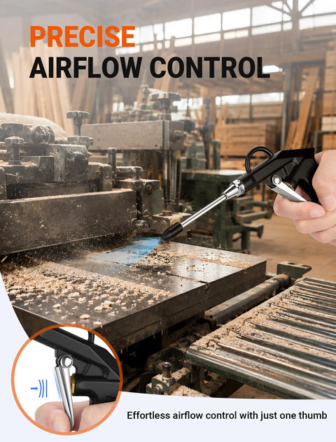 Heavy Duty Industrial Air Blow Gun With One Steel Extension Tube For Tight Squeeze Spots All Metal Construction Uses A Quarter Inch Npt Quick Connect to clear sawdust.