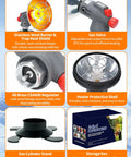 Collage showing 6800 BTU Golf Cart Propane Heater components, stainless steel burner, gas valve, regulator, protective shell, base, storage box