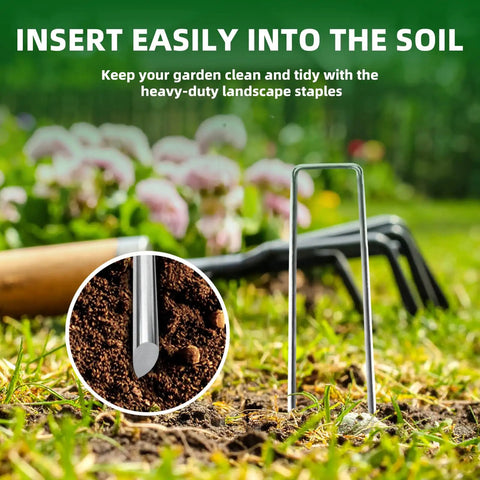 Heavy Duty 6 Inch Galvanized Landscape Staples For Barrier Fabric And Tent Anchors, 11 Gauge Garden Stakes close-up in soil