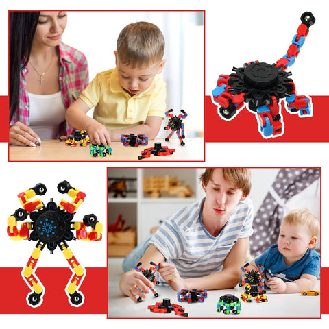 Parents and children playing with 40 Pack Funny Sensory Fidget Toys Set Transformable Chain Robot Finger Toys for stress relief