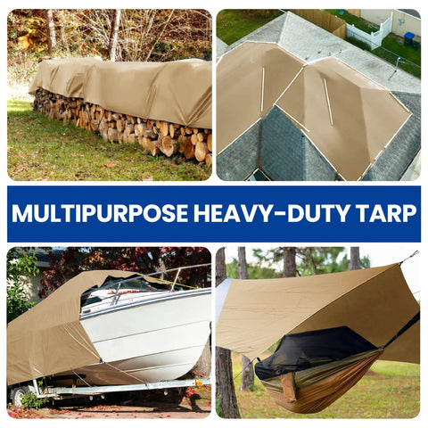 Beige 6x8 Heavy Duty Waterproof Tarp 12.5 Mil Ultra Tough Tear Resistant Poly Cover for roofs, logs, boats, and hammock.
