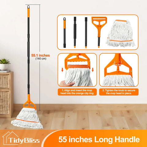 Heavy Duty Commercial Floor Mop With 55 Inch Handle And Three Interchangeable Heads Ultra Absorbent Cotton Loop on display with parts.