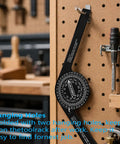 Heavy Duty 7 Inch Miter Saw Protractor Angle Finder With Dope Precision Laser Engraved Scales mounted on pegboard.