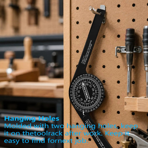 Heavy Duty 7 Inch Miter Saw Protractor Angle Finder With Dope Precision Laser Engraved Scales mounted on pegboard.