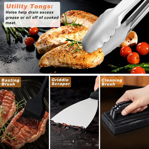 Camping Ready 27 Piece Griddle Accessories Kit For Flat Top Grills With utility tongs, basting brush, griddle scraper, cleaning brush
