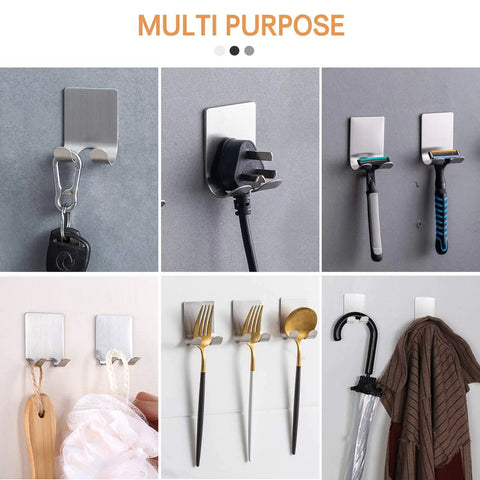Heavy Duty Stainless Razor Holder Hook Set 2 Pack Self Adhesive No Tools Needed No Drill Bathroom And Kitchen Organizer shown with various items