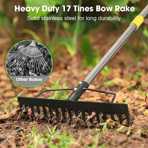 Heavy Duty Bow Rake With 17 Tines 17 Inch Wide Garden Rake Adjustable Length 35 To 67 Inches Manganese Steel Handle Pro Grade Yard Tool For Lawn Leaves Soil Mulch