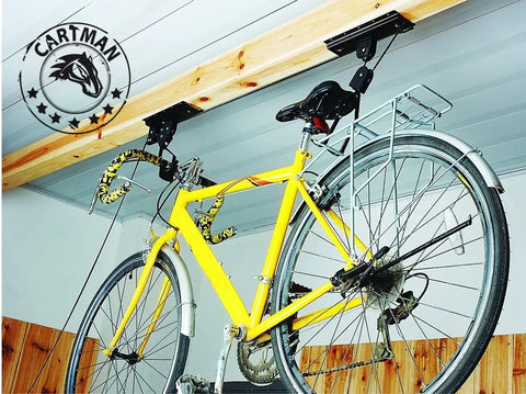 Yellow bike suspended using Dual Pack Ceiling Bike Hoists For Garage Storage, Heavy Duty Bicycle Lift With Safe Lock.