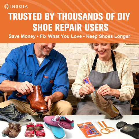 Man and woman using Heavy Duty Shoe Glue Kit 29.5 Milliliters Each 2 Pack Clear Adhesive For Sneakers Boots Leather Rubber Canvas