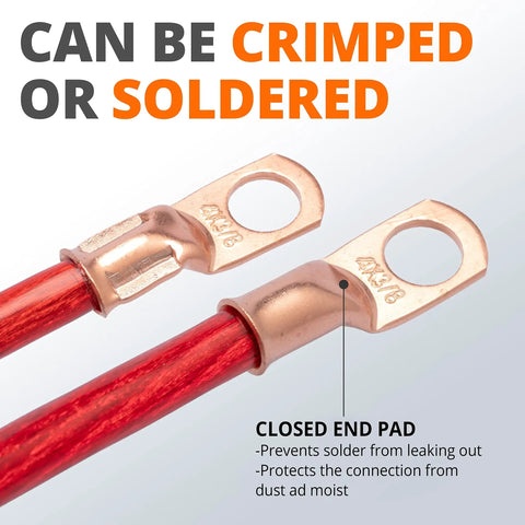 Tough As Nails 1/0 Awg 3/8 Inch Copper Wire Lugs Heavy Duty Battery Terminal Connectors Crimp Cable Ends With Sealed Heat Shrink Tubing showing closed end pad design.