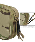 Close-up of Rapid Deployment MOLLE Trauma First Aid Pouch showing camouflage pattern and double-headed zipper with thermoplastic handle.