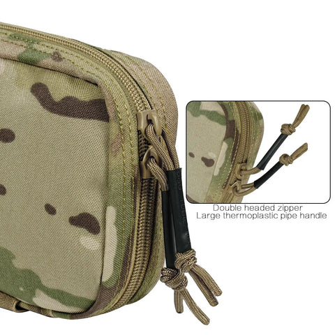 Close-up of Rapid Deployment MOLLE Trauma First Aid Pouch showing camouflage pattern and double-headed zipper with thermoplastic handle.