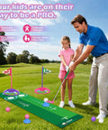 Adult guiding child using Kids Golf Toy Set With Dinosaur Automatic Ball Return LED Light Up Night Balls 3 Clubs Putting Mat