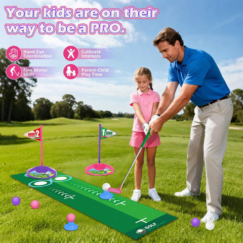 Adult guiding child using Kids Golf Toy Set With Dinosaur Automatic Ball Return LED Light Up Night Balls 3 Clubs Putting Mat