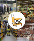 Heavy Duty Hydraulic Lift Table Cart With 330 Pound Capacity And 29.1 Inch Lift Height Single Scissor Lift On Four Wheels With Safety Back Guard in warehouse and retail settings