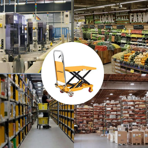 Heavy Duty Hydraulic Lift Table Cart With 330 Pound Capacity And 29.1 Inch Lift Height Single Scissor Lift On Four Wheels With Safety Back Guard in warehouse and retail settings