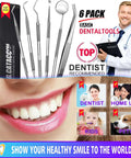 Six Piece At Home Dental Hygiene Kit for Plaque and Tartar Removal Stainless Steel Dental Picks With Case displayed with smiling person