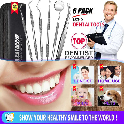 Six Piece At Home Dental Hygiene Kit for Plaque and Tartar Removal Stainless Steel Dental Picks With Case displayed with smiling person
