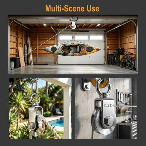 2 Pack Ball Roller Pulleys With 304 Stainless Steel Swivel Blocks For Lifting Quiet Jam Free Operation UGroove Wire Rope Pulleys 661 Lbs SWL And 1100 Lbs Breaking Strength Includes 2 Spring Snap Hooks on garage, patio, and wall mounts