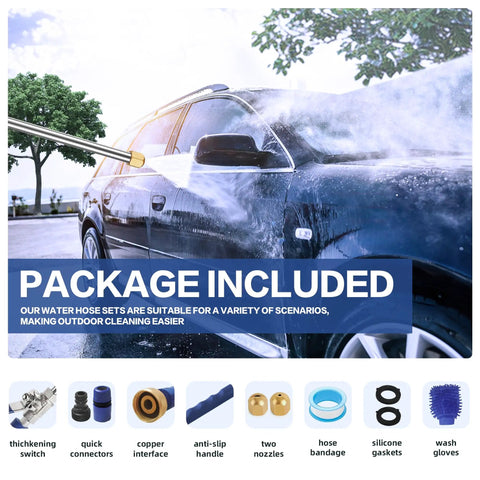Washing a car using High Pressure Hose Nozzle Set With Hydro Jet Wand, Dual Nozzles, Quick Connectors, and Wash Glove, blue