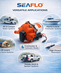 12V RV Water Pump 5.5 GPM 60 PSI Heavy Duty Diaphragm Pump with integrated design for various freshwater applications.