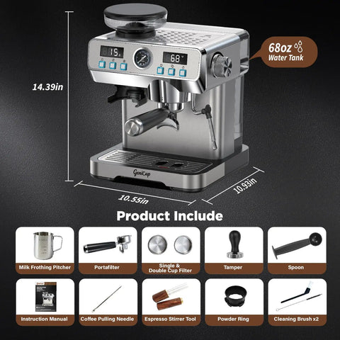 Front view of Everyday Home Barista Espresso Machine With Built In Grinder, 20 Bar Pressure For Rich Extraction, 68 Oz Water Tank