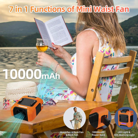 Woman reading by lake with Waist Clip Fan With 10000mAh Battery, Rechargeable Belt Clip Cooler, 7-in-1, 24 Hour Runtime