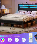 Kick Back With This Legit Sturdy Full Size Bed Frame Featuring A Modern Wooden Headboard And Dual Roomy Fabric Storage Drawers With Premium Quality Black Oak Build, showcasing LED lights and storage.