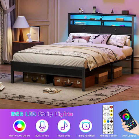 Kick Back With This Legit Sturdy Full Size Bed Frame Featuring A Modern Wooden Headboard And Dual Roomy Fabric Storage Drawers With Premium Quality Black Oak Build, showcasing LED lights and storage.