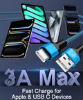 Two Pack CarPlay USB A To USB C Fast Charging Cable For iPhone 15 Through 17 Series And iPad 3ft, blue and purple, 3A Max
