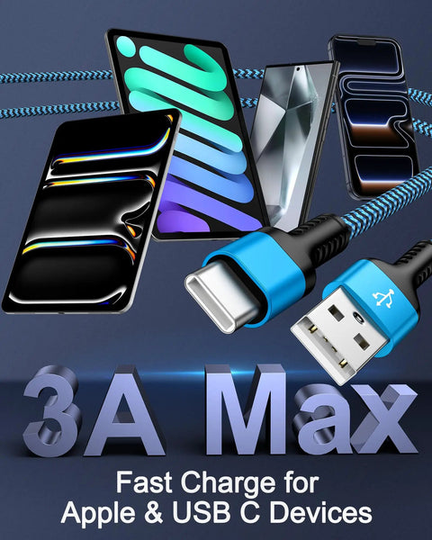 Two Pack CarPlay USB A To USB C Fast Charging Cable For iPhone 15 Through 17 Series And iPad 3ft, blue and purple, 3A Max